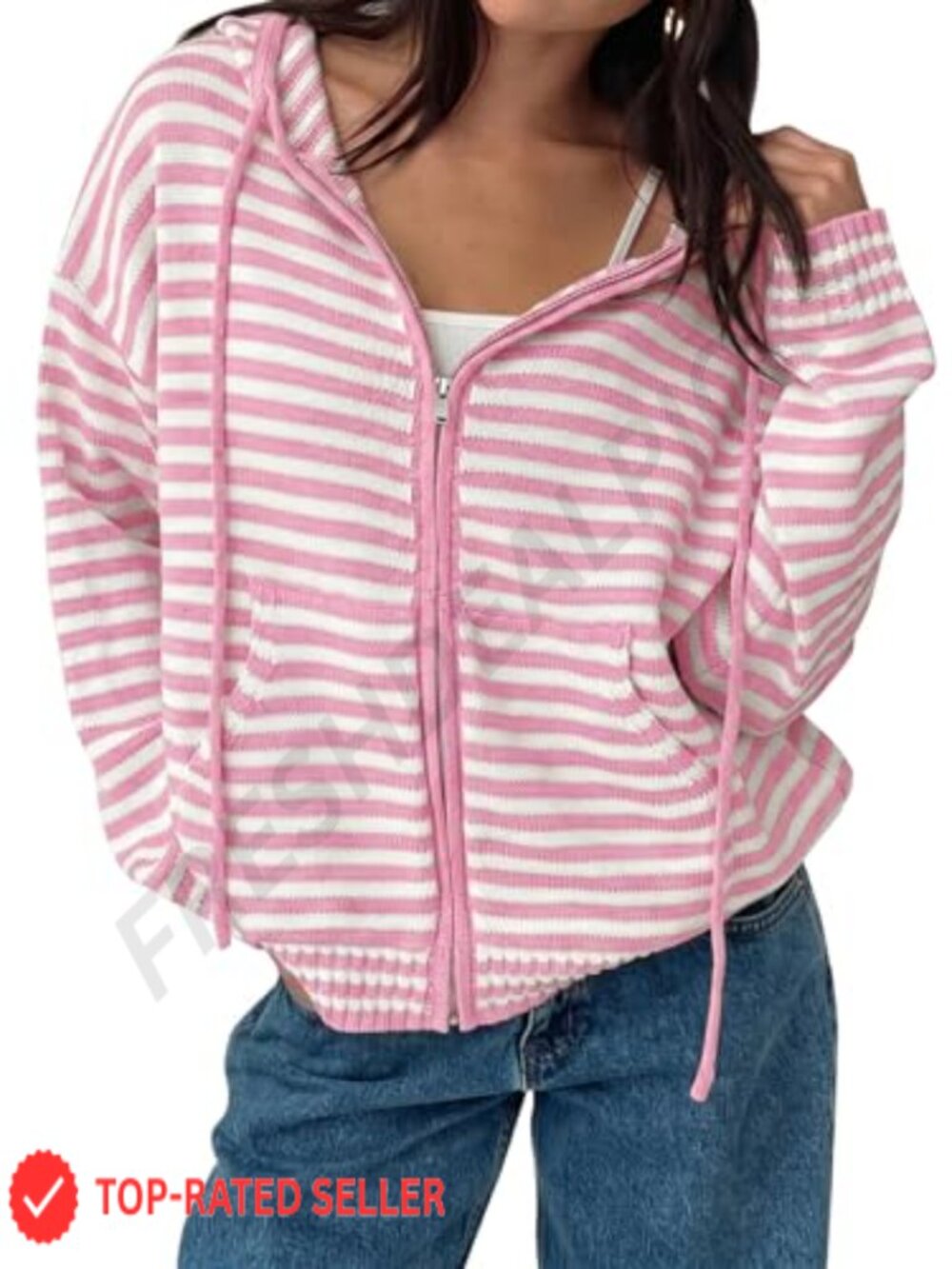 Oversized Striped Zip Up Hoodie Cardigan Crop Sweater Jacket with Pockets